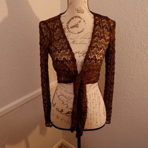 Knitted Brown & Gold Cropped Cardigan w/ Front Tie
